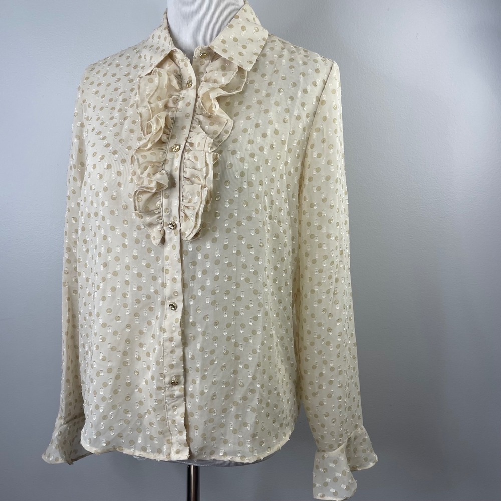 Muse Republic Clothing Cream Gold Polka Dot Ruffle Button Blouse Womens Medium